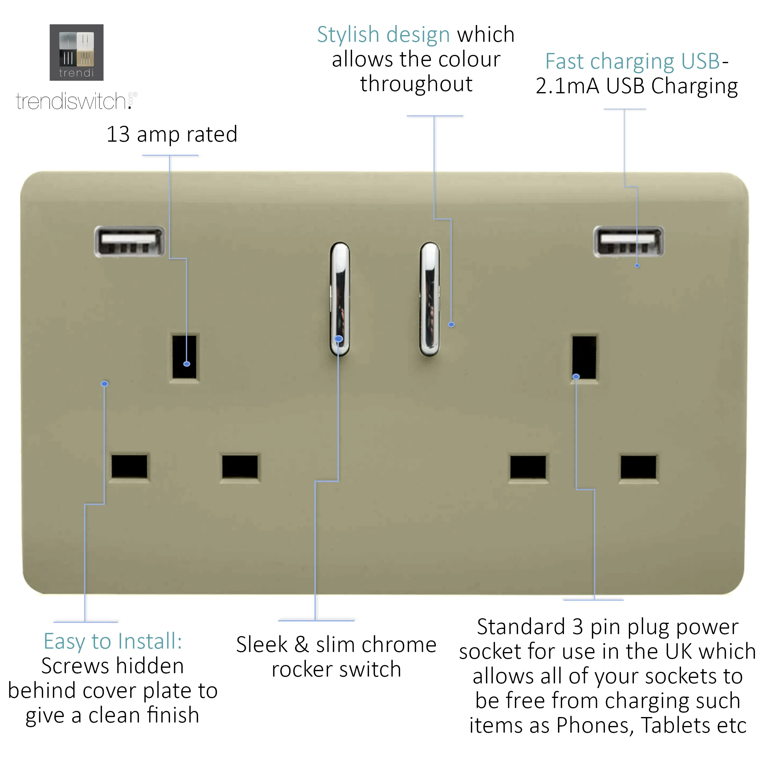 2 Gang 13Amp Short S/W Double Socket With 2x3.1Mah USB Champagne Gold ART-SKT213USB31AAGO  Trendi Champagne Gold